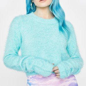 Dollskill fuzzy teal, soft light blue crop sweater